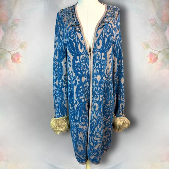 Chicos Blue & Brown Flocked Pattern Faux Fur Cuff Studded Long Cardigan Sweater - Picture 1 of 7